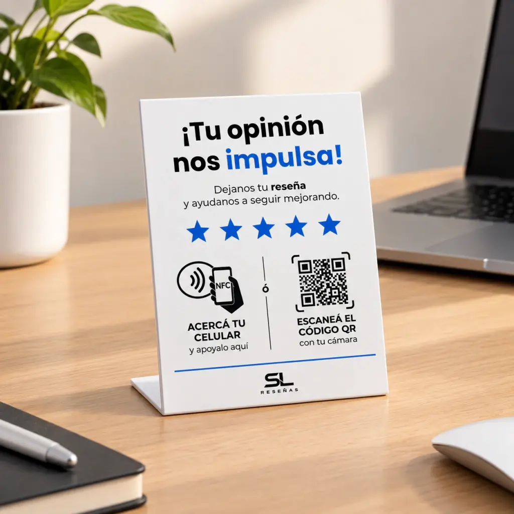 Cartel de reseñas SL blanco sobre un escritorio de madera clara, con estrellas azules, el ícono NFC y el código QR